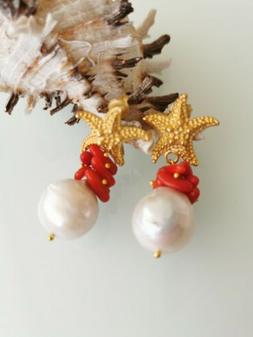 Pendenti Perle Barocche Bianche , Corallo Rosso E  Stelle Ma