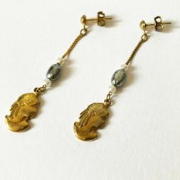 Pendenti Perle Di Fiume Vintage 80s Metallo Dorato Faccia Na