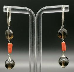 Pendenti Quarzo Fum&egrave; E Corallo Rosso E Argento Fatto In Ita