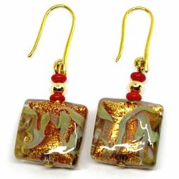 ORECCHINI, PENDENTI VETRO DI MURANO, LAVORAZIONE FOGLIA ORO,