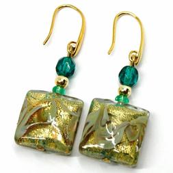 Pendenti Vetro Murano, Lavorazione Foglia Oro Quadrato Verde