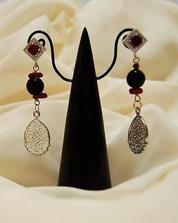 Perno Goccia Filigrana Ottone Color Argento Agata Nero Coral