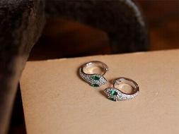 Piccolo Creolo Argentato Anello Serpente Verde Placcato Oro 