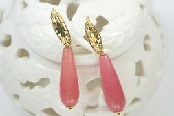 Pietre Dure Quarzo Rosa Naturale Goccia Liscia, Ottone Filig