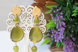 Quarzo Occhio Di Gatto Verde, Ottone, Orecchini Pendenti