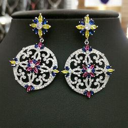 Rotondi Quadrifoglio Pizzo Placcato Oro Bianco Cz Blu Rosa G