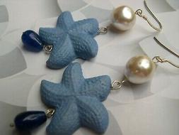 Stelle Marine Perle Agata Blu Argento 925 Earrings Vintage