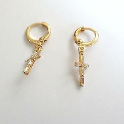 Uomo Cerchi Colore Oro Croce Pendente Con Zirconi Bianchi - 