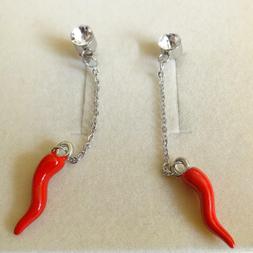 Uomo Donna Acciaio Con Corno Rosso Pendente  E Zircone Bianc