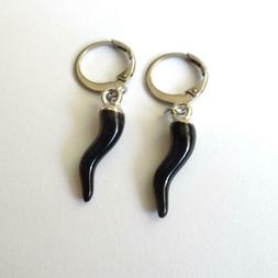 Uomo Donna Cerchi Colore Argento Con Corno Nero Pendente - 1