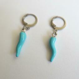 Uomo Donna Cerchi Colore Argento Con Corno Azzurro Pendente 