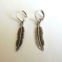 Uomo Donna Cerchi Colore Argento Con Piuma Pendente - 163 Ee