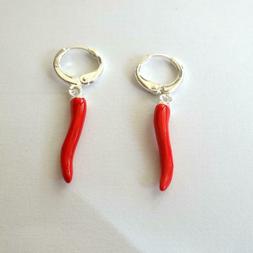 Uomo Donna Cerchi Colore Argento Con Corno Rosso Pendente - 