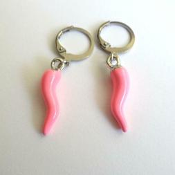 Uomo Donna Cerchi Colore Argento Con Corno Rosa Pendente - 1