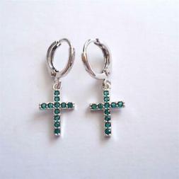 Uomo Donna Cerchi Colore Argento  Croce Pendente Con Smerald