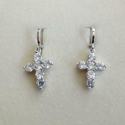 Uomo Donna Cerchi Colore Argento Croce Pendente Zirconi Bian