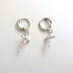 Uomo Donna Cerchi Colore Argento Croce Pendente Zirconi Bian