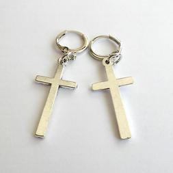 Uomo Donna Cerchi Colore Argento Grande Croce Classica Pende