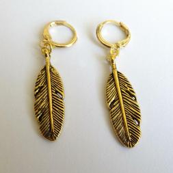 Uomo Donna Cerchi Colore Oro Con Grande Piuma Pendente - 333