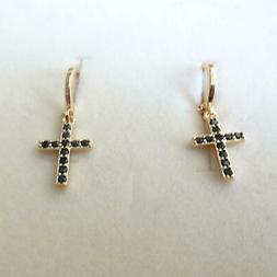 Uomo Donna Cerchi Colore Oro Croce Pendente Con Zirconi Neri