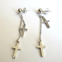Uomo Donna Pendenti In Acciaio  Con 2 Croci  E Zircone Bianc