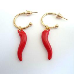 Uomo Donna Semi Cerchi Colore Oro Con Corno Rosso Pendente -