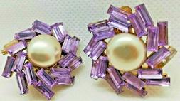 Vintage 1960 Flower Rhinestone Baguette Wisteria Pearl Earri