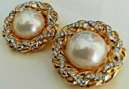 Vintage '80s Grande Cabochon Perla Catena Oro E Strass Earri