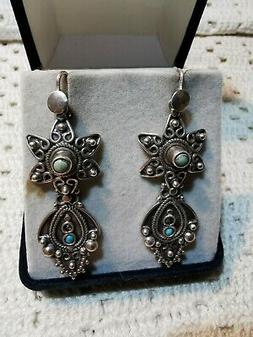 Vintage Lobi Forati Argento 925 Piccoli Cabochon Turchese Ma