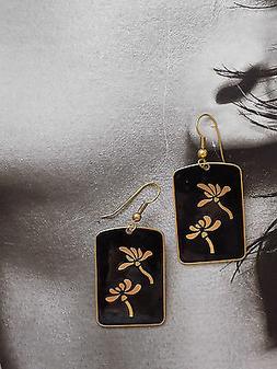 Vintage Pendenti Rettangolari Dorati Smalto Nero Cloisonne F