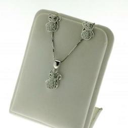 Parure Gatto in Vero Argento 925 Rodiato Brillanti Pendente 