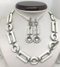 E Collana  In Lucite Bianca Metallo E Strass Luminosi