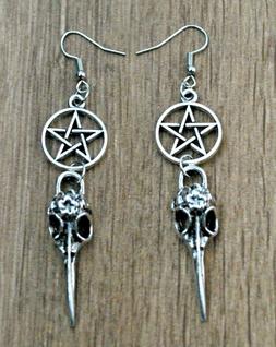 Pendenti Donna Argentati Con Corvi E Pentacolo Nuovi Bigiott