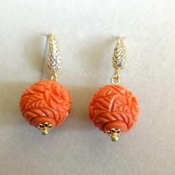 Donna Colore Oro Con Corallo Rosa Intagliato E Zirconi 153 B