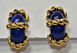 Vintage Firmato Mimi di N Color Oro Blu Smalto Clip-On Orecc